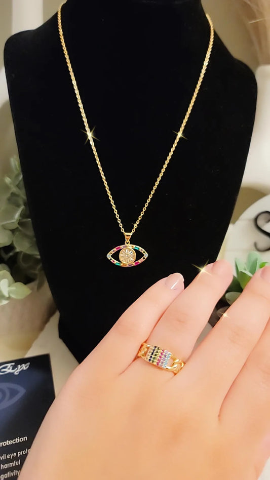 Rainbow evil eyes Necklace and ring set